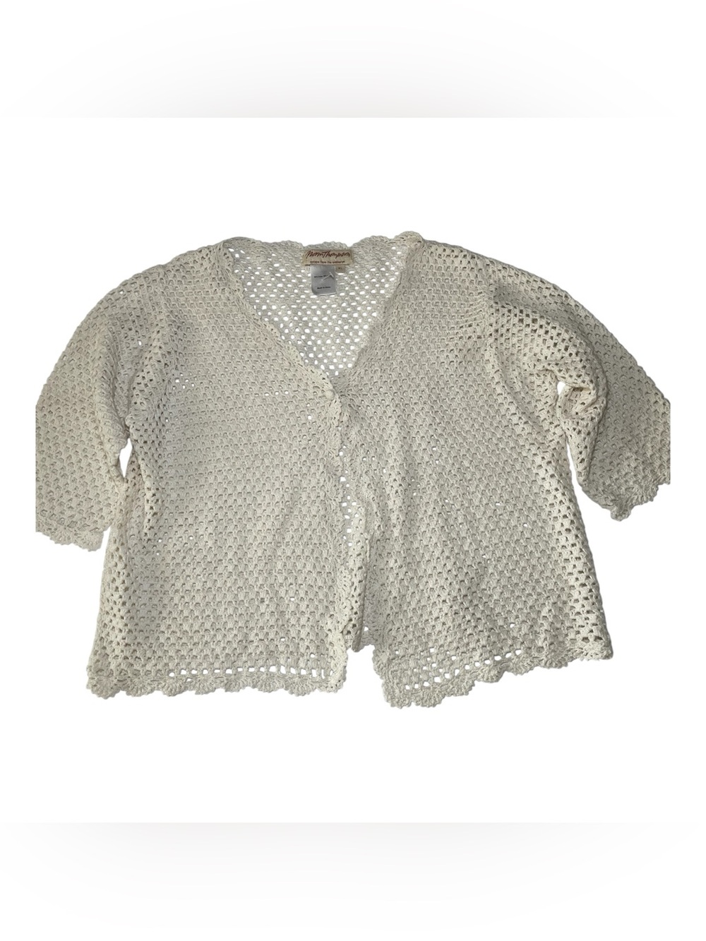 Norm Thompson Crochet Linen Cotton Blend Sweater XL Cream Open Knit 3/4 Sleeve